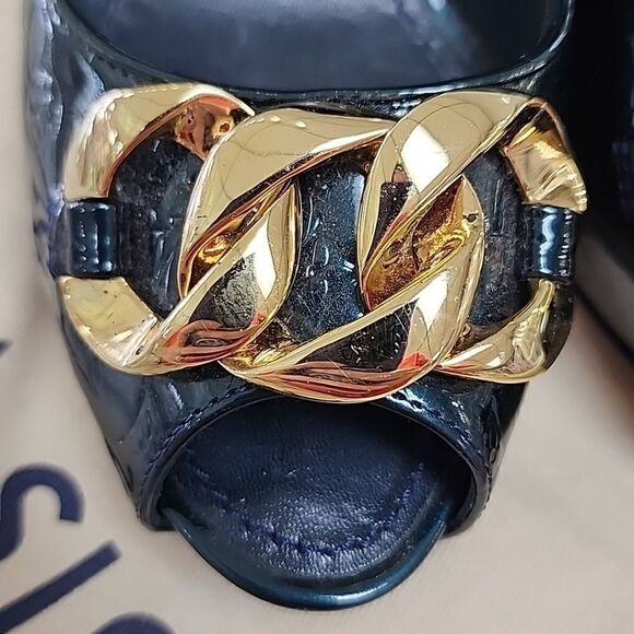 Authentic Louis Vuitton Green Vernis & Gold Peep Toe Pumps Heels shoes SZ 36 - Picture 7 of 9